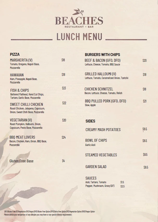 Menu, Beaches Restaurant & Bar