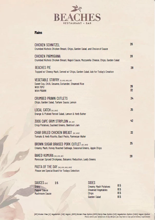 Menu, Beaches Restaurant & Bar