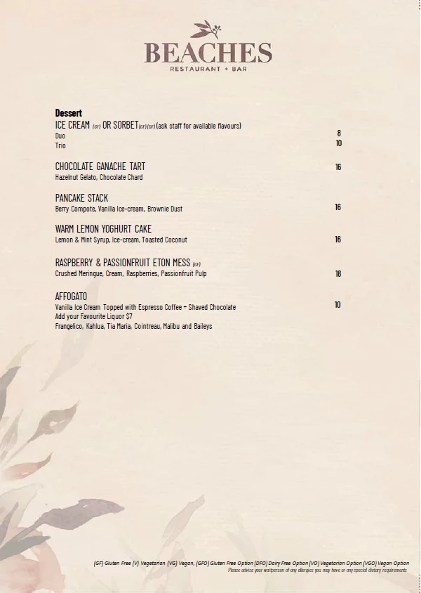 Menu, Beaches Restaurant & Bar
