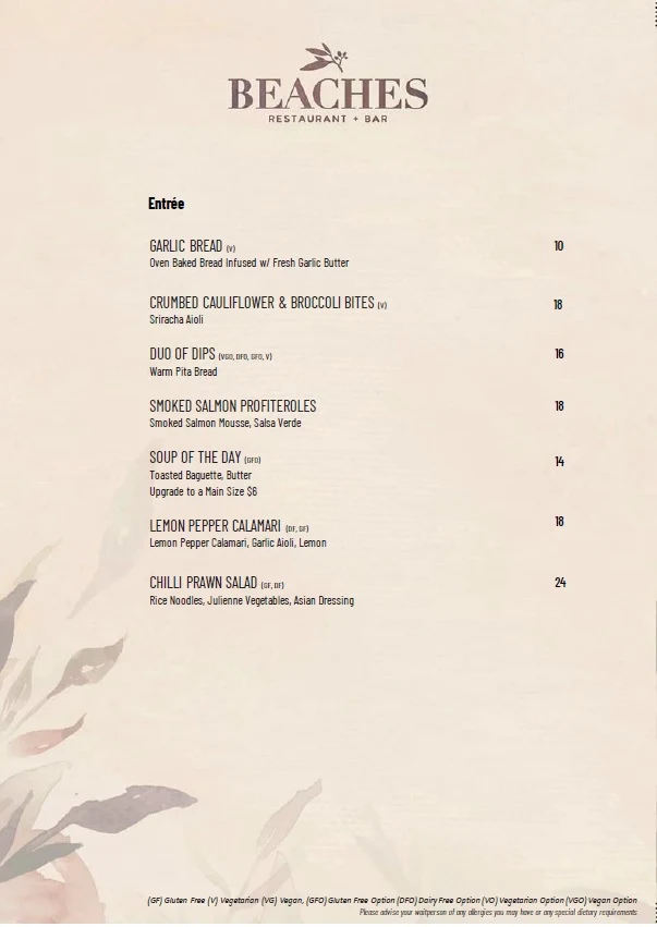 Menu, Beaches Restaurant & Bar