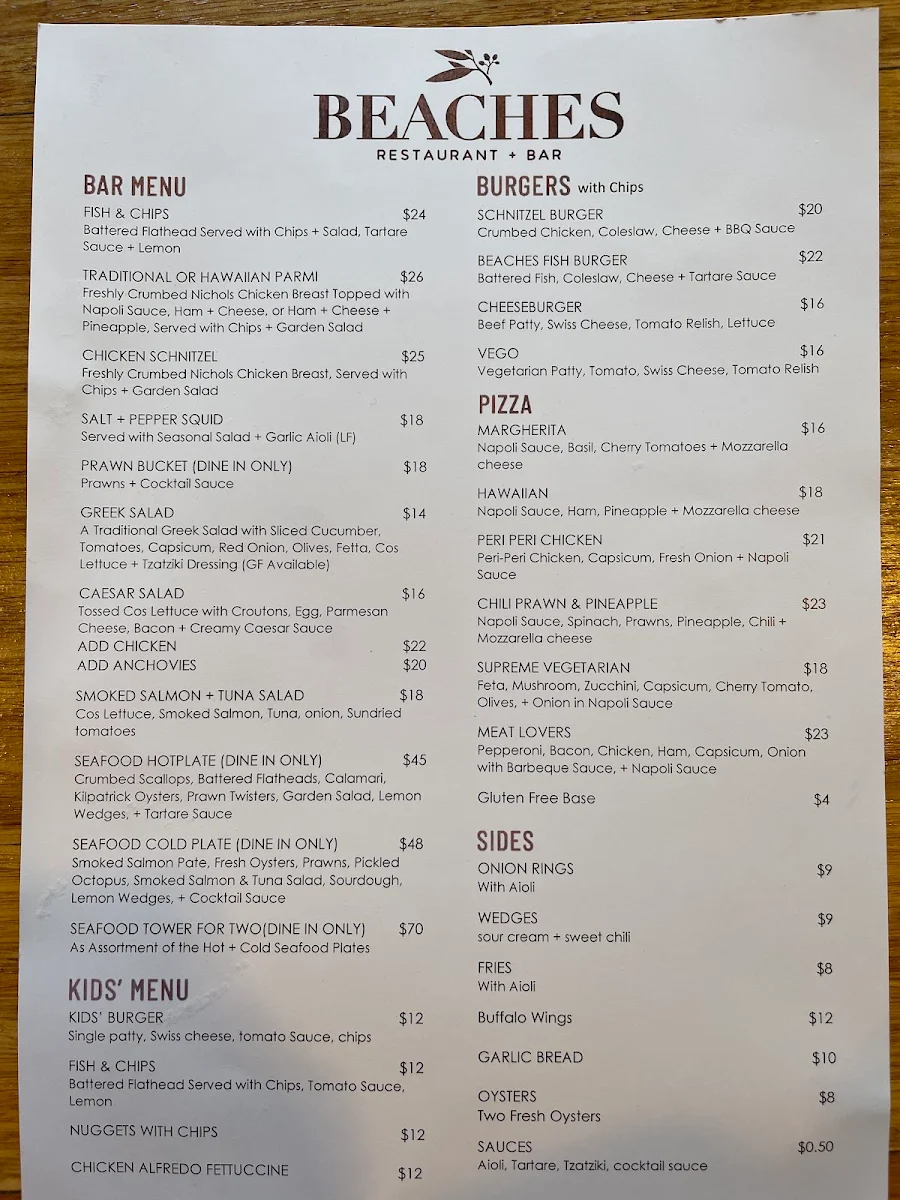 Menu, Beaches Restaurant & Bar