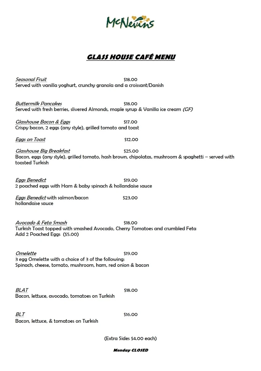 Menu, Glasshouse Café at McNevins Maryborough