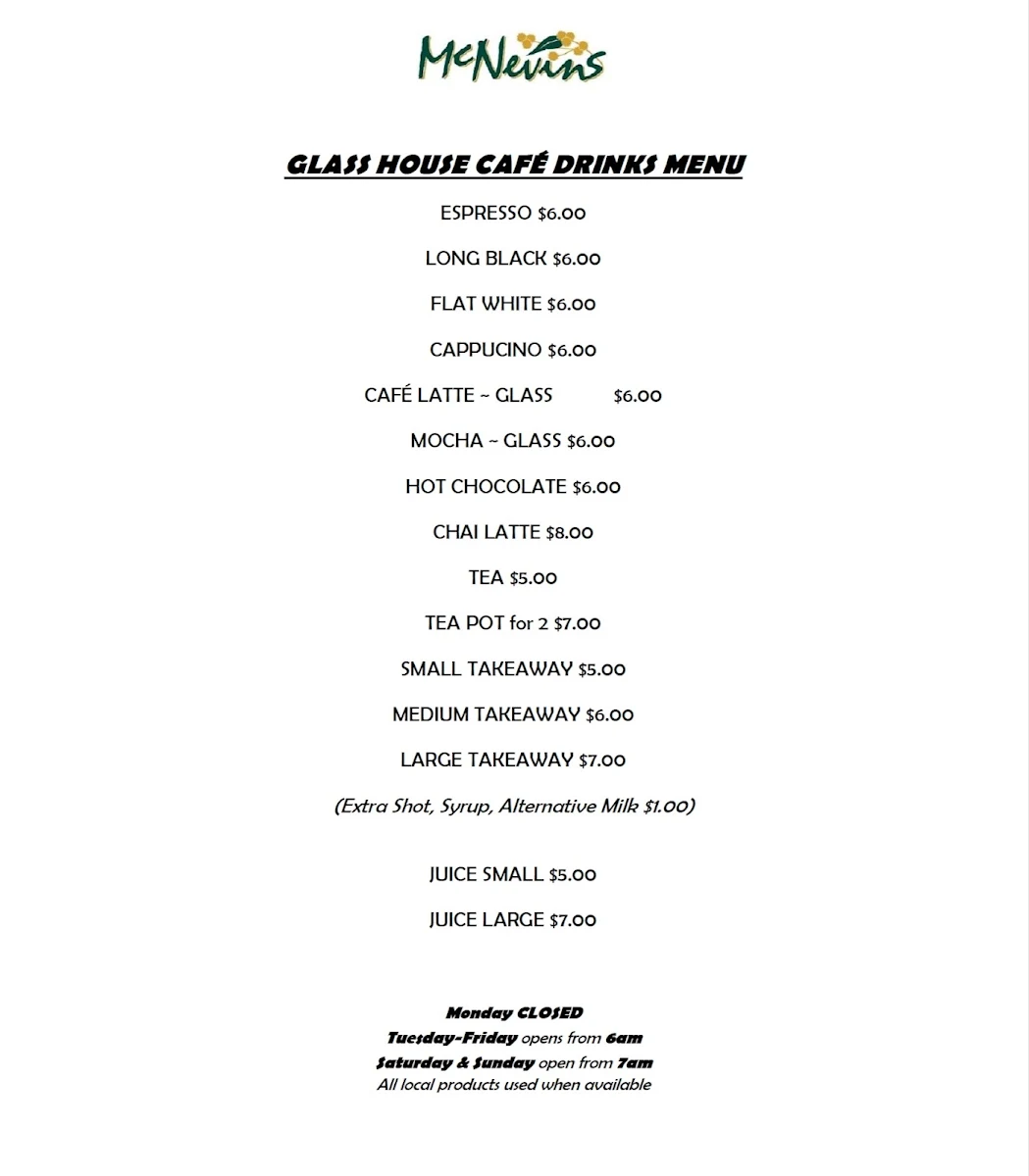 Menu, Glasshouse Café at McNevins Maryborough