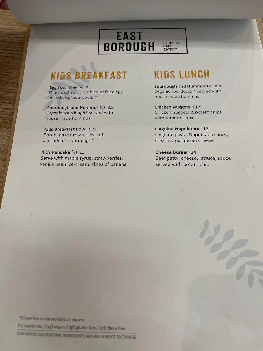 Menu, East Borough Eatery