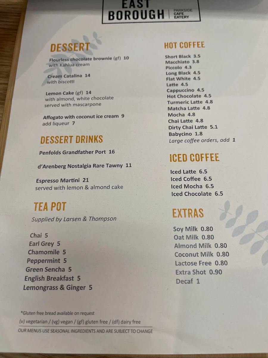 Menu, East Borough Eatery