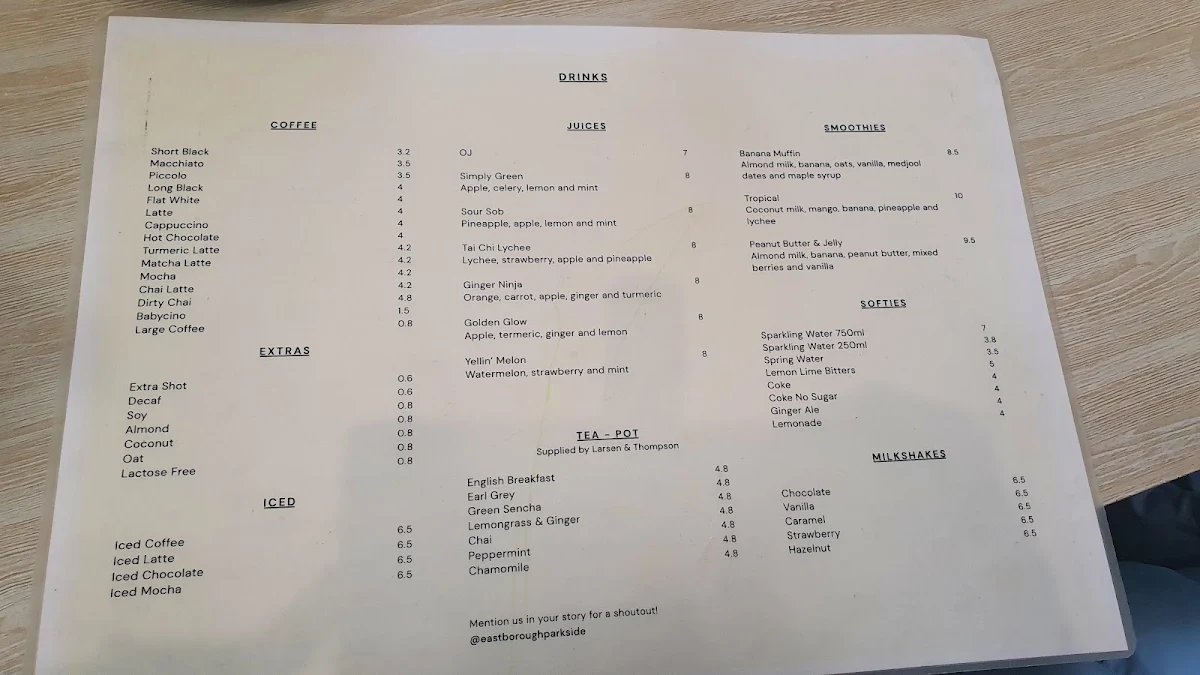 Menu, East Borough Eatery