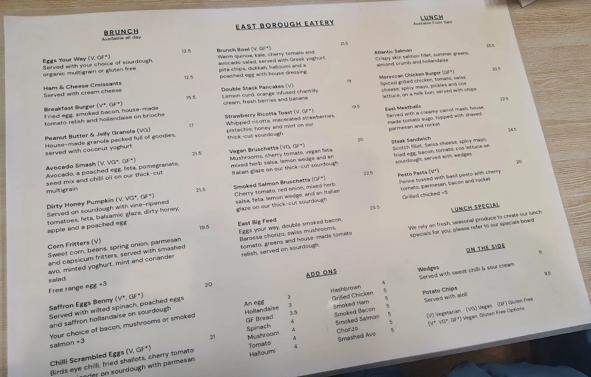 Menu, East Borough Eatery