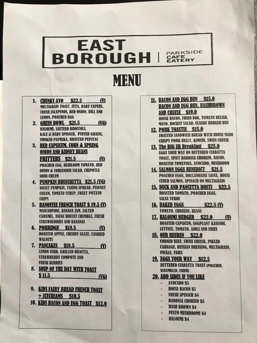 Menu, East Borough Eatery