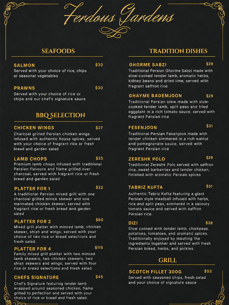 Menu, Ferdous garden