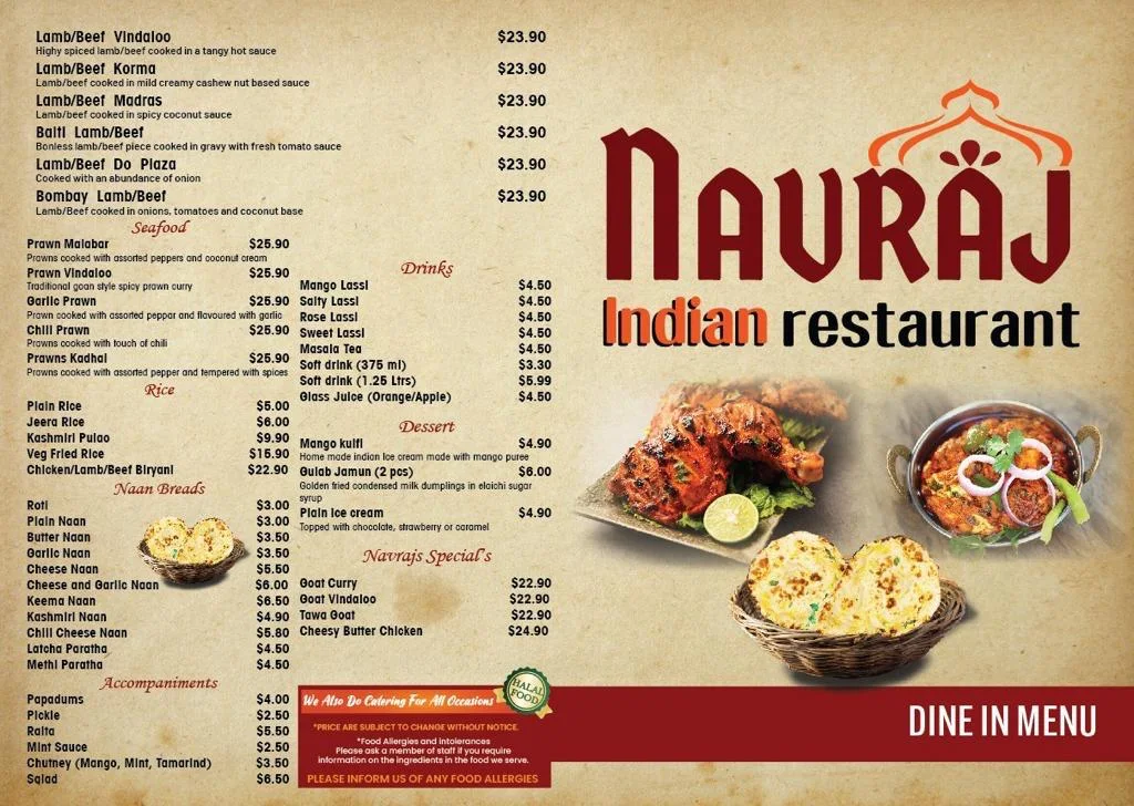 Menu, Navraj Indian Restaurant