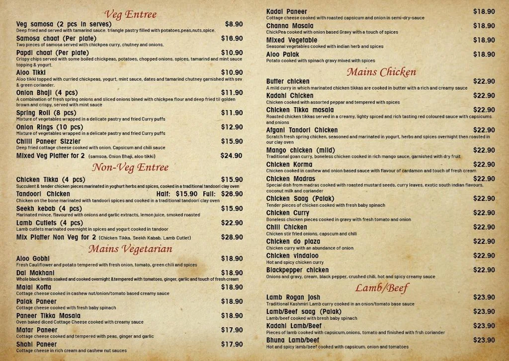 Menu, Navraj Indian Restaurant
