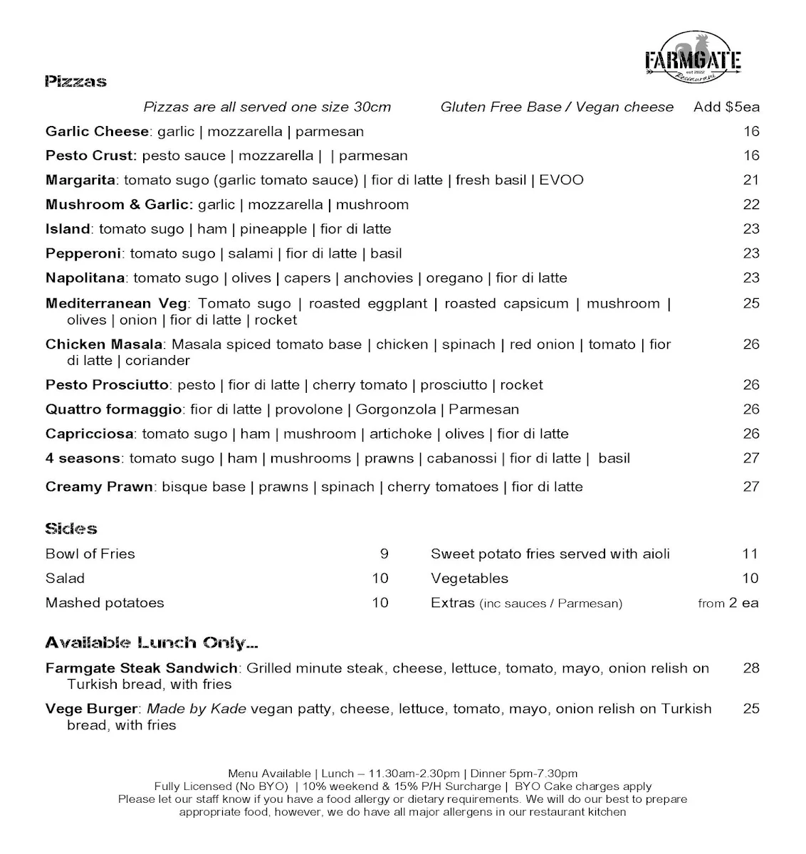 Menu, Farmgate Restaurant Nowra