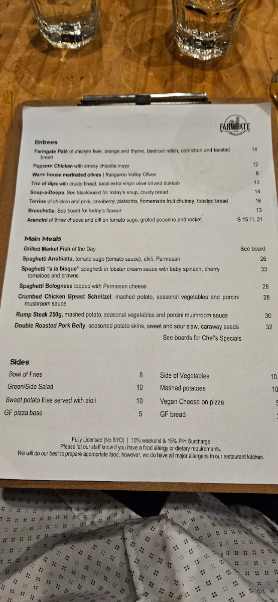Menu, Farmgate Restaurant Nowra