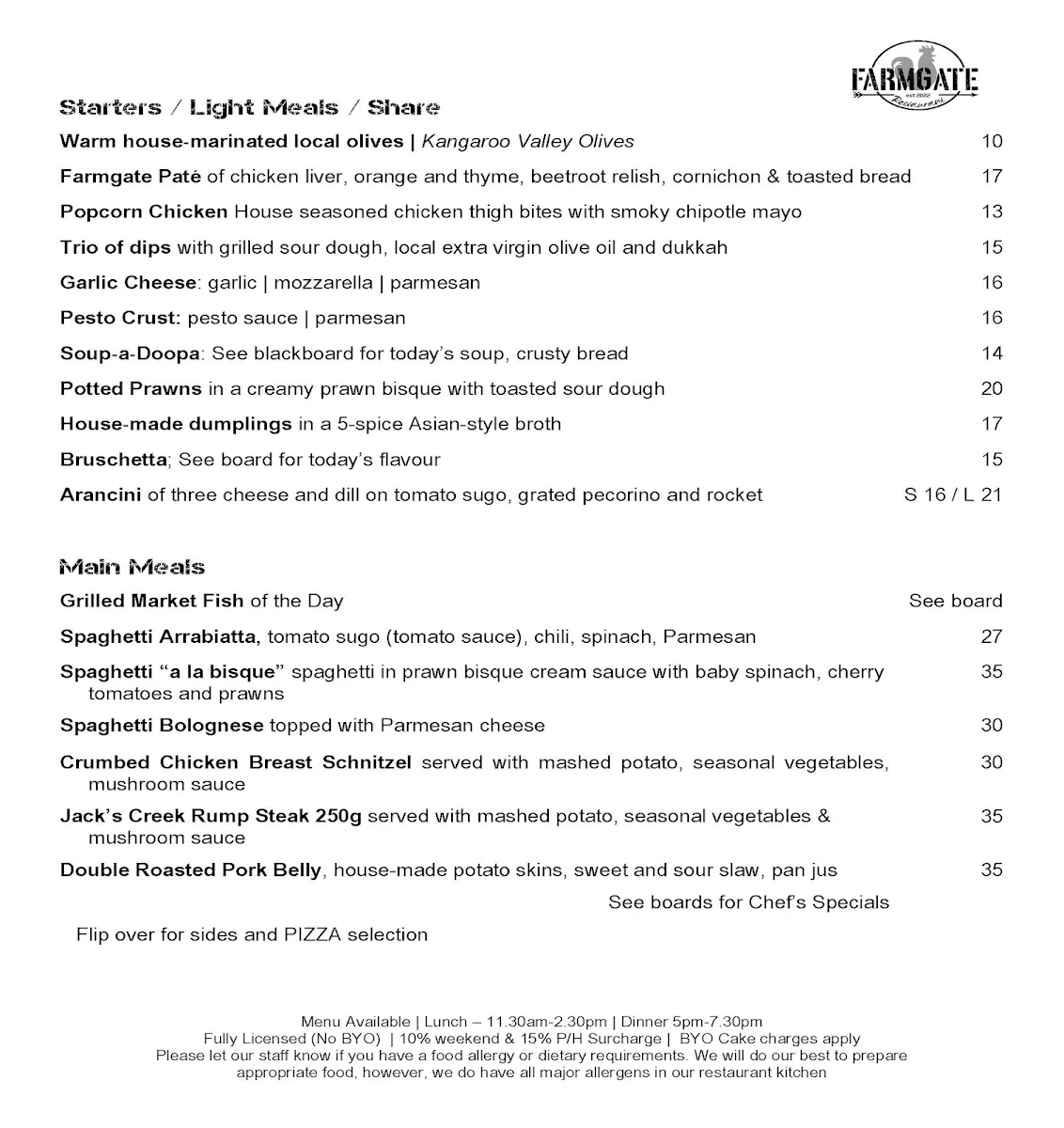 Menu, Farmgate Restaurant Nowra