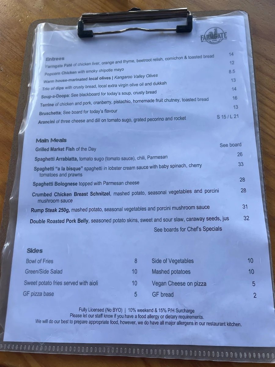 Menu, Farmgate Restaurant Nowra