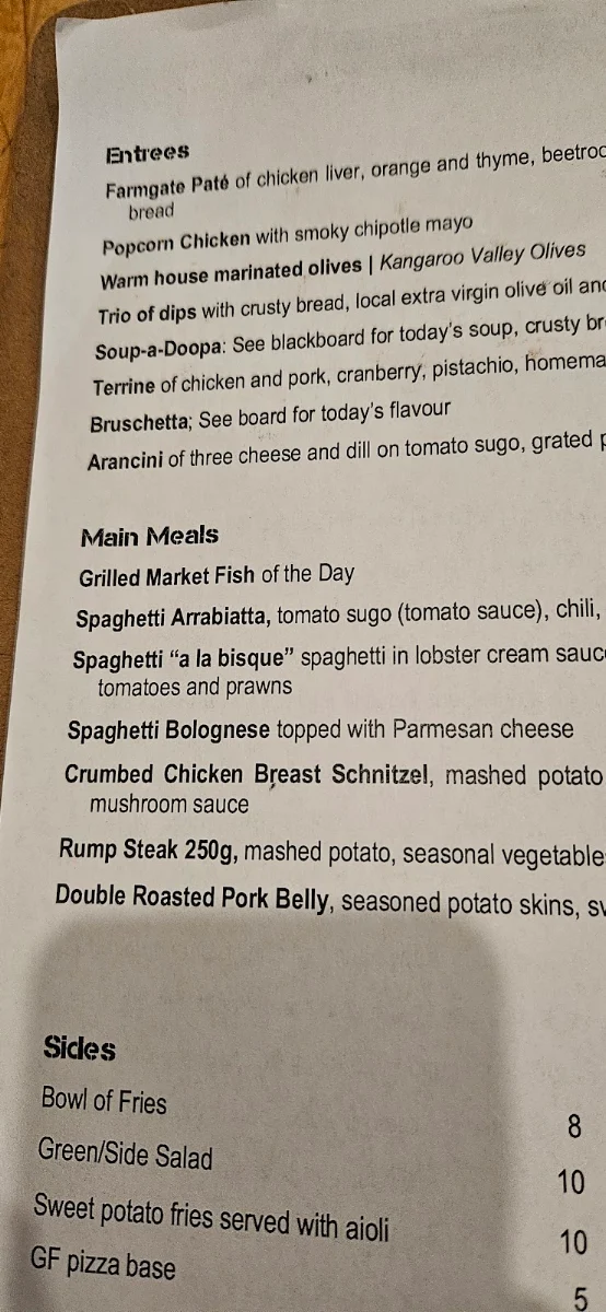 Menu, Farmgate Restaurant Nowra