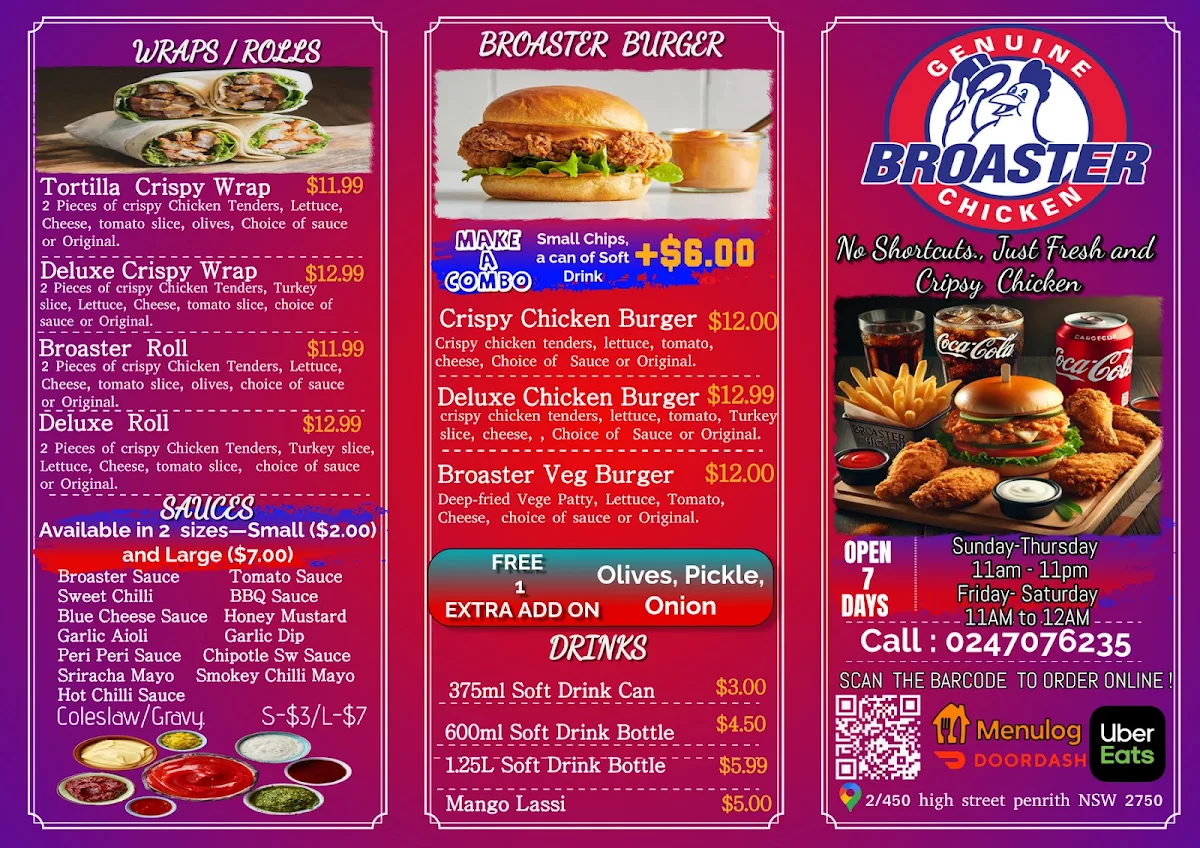 Menu, Broaster Chicken Penrith