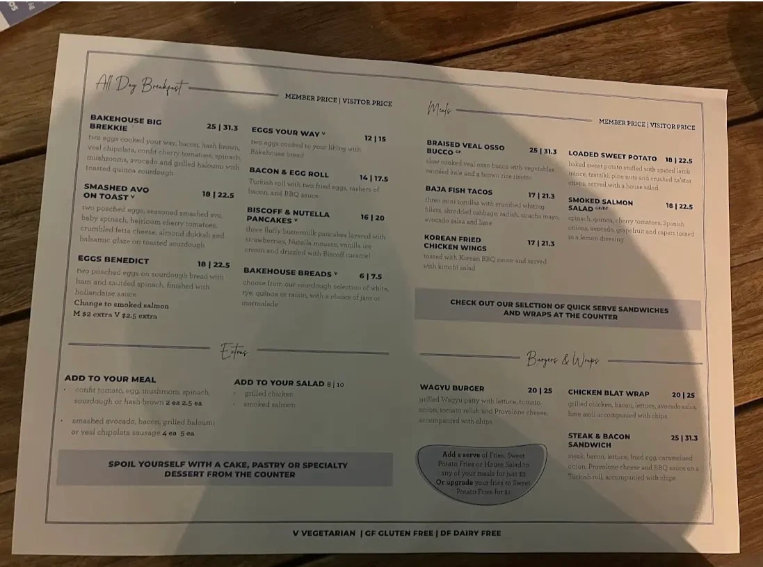 Menu, Bakehouse Cafe