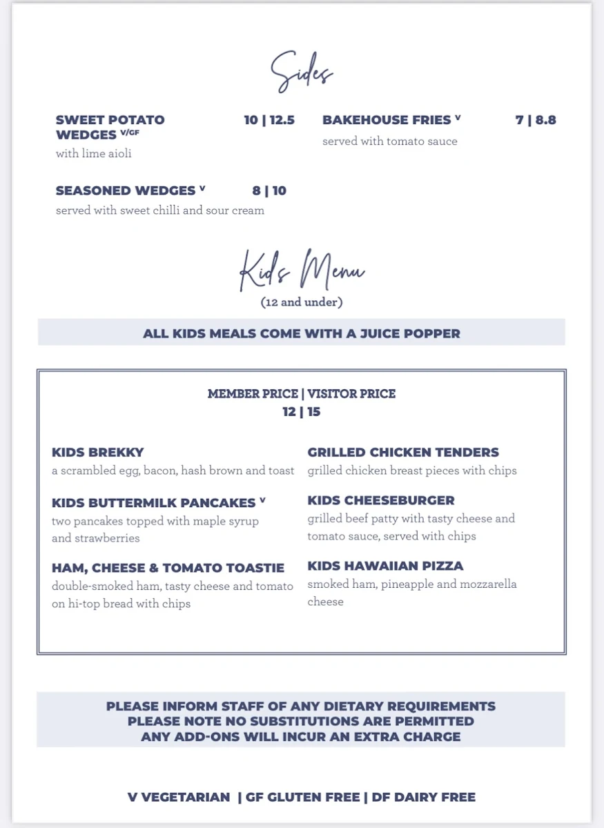 Menu, Bakehouse Cafe