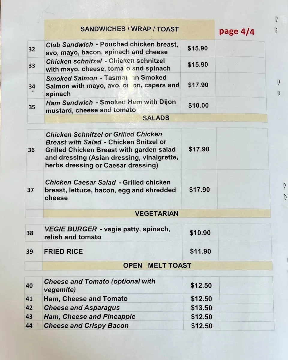 Menu, Wollstonecraft Cafe