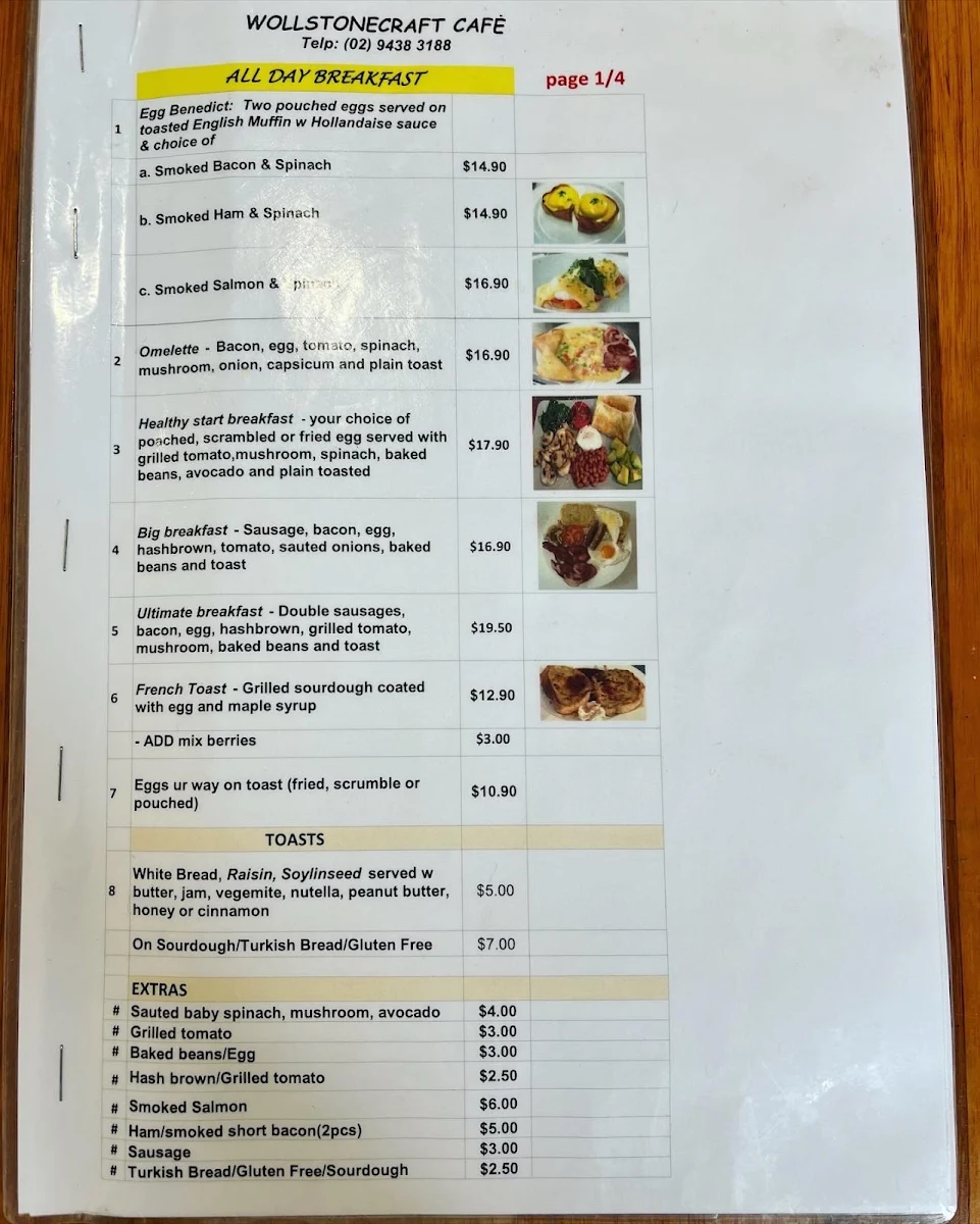 Menu, Wollstonecraft Cafe