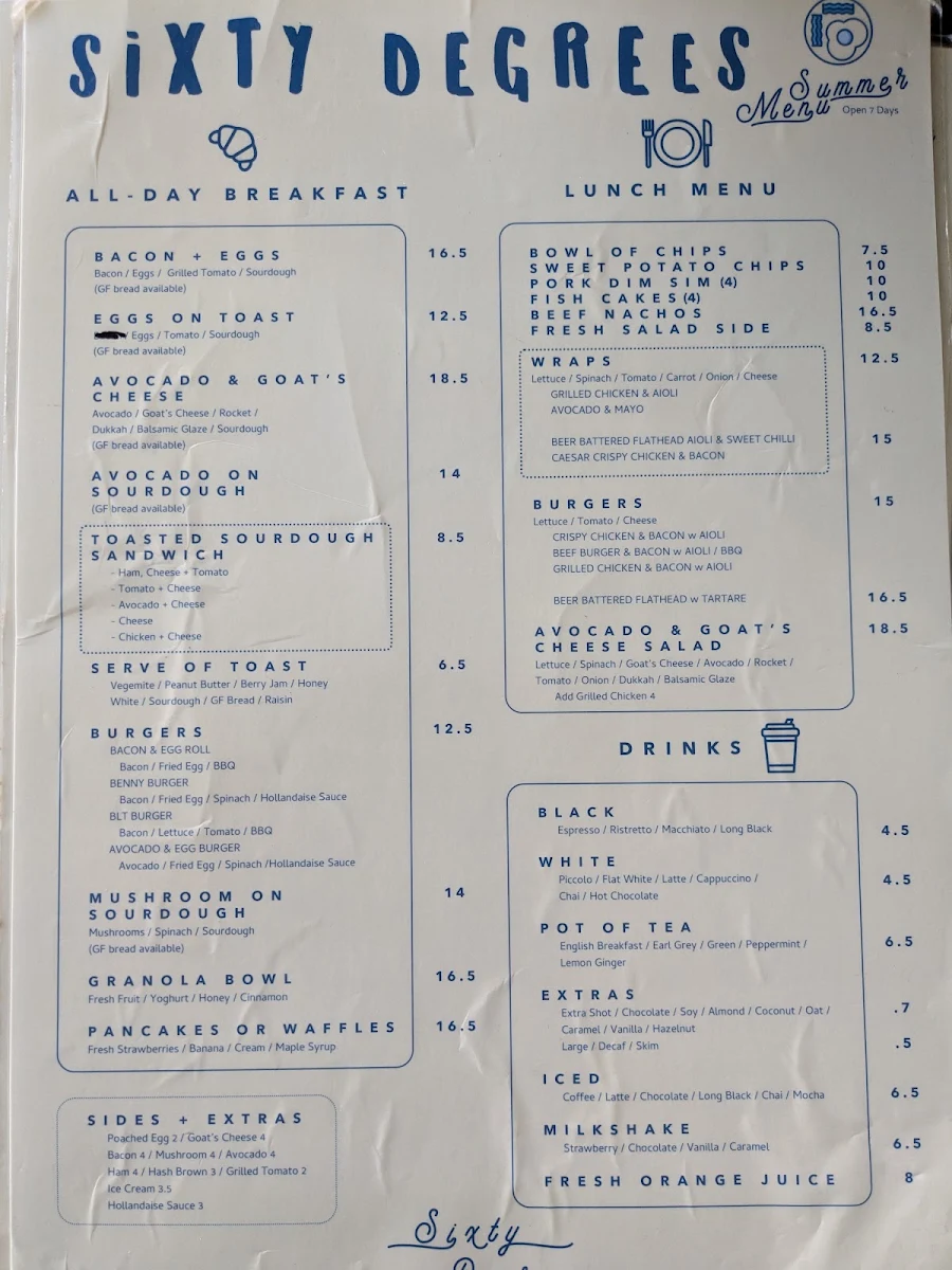 Menu, Sixty Degrees South West Rocks