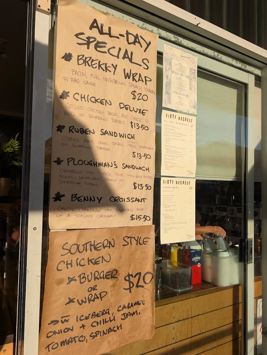 Menu, Sixty Degrees South West Rocks