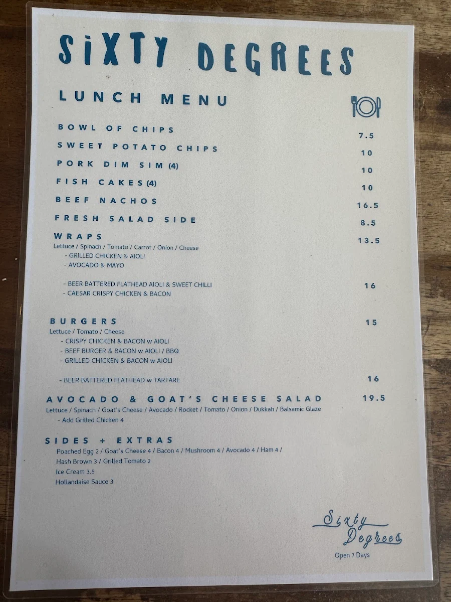 Menu, Sixty Degrees South West Rocks