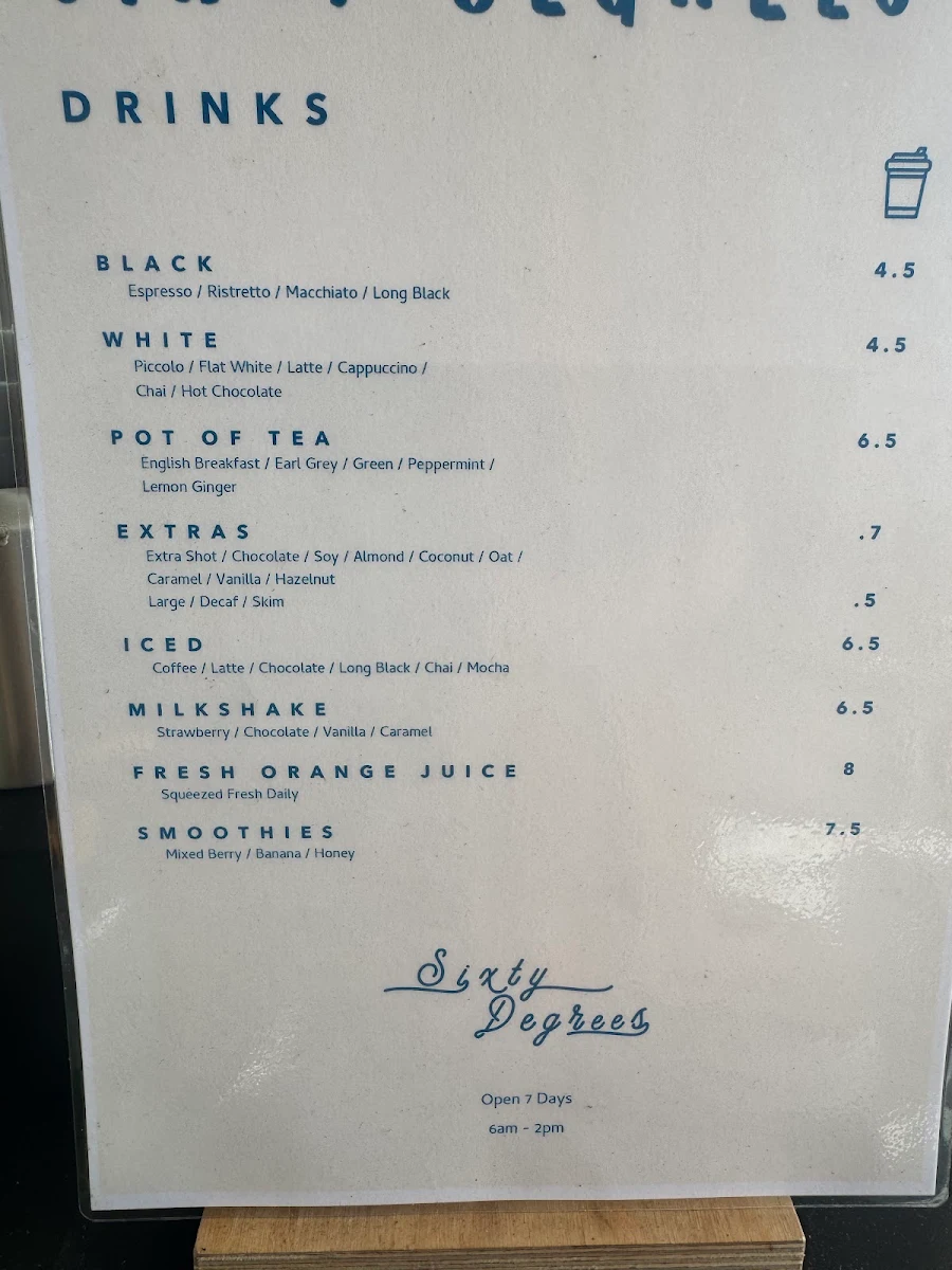 Menu, Sixty Degrees South West Rocks
