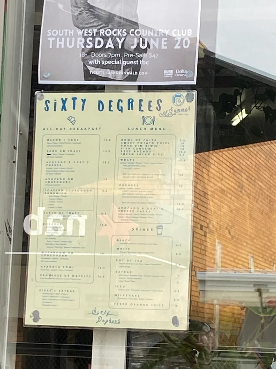 Menu, Sixty Degrees South West Rocks