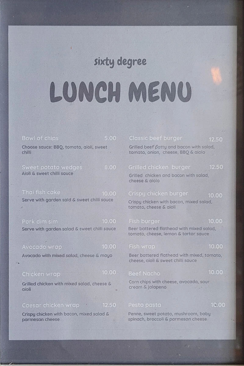 Menu, Sixty Degrees South West Rocks