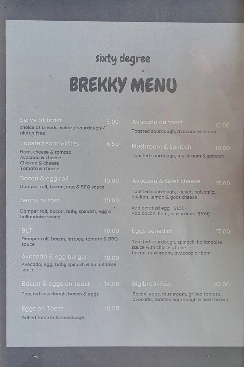 Menu, Sixty Degrees South West Rocks