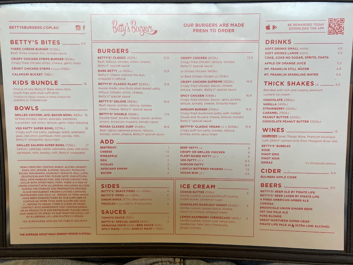 Menu, Betty's Burgers