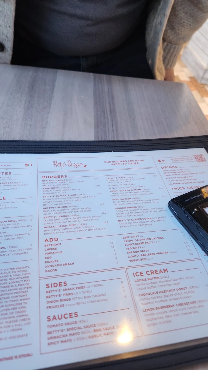 Menu, Betty's Burgers