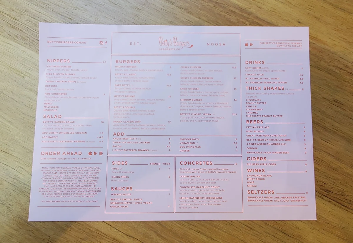 Menu, Betty's Burgers