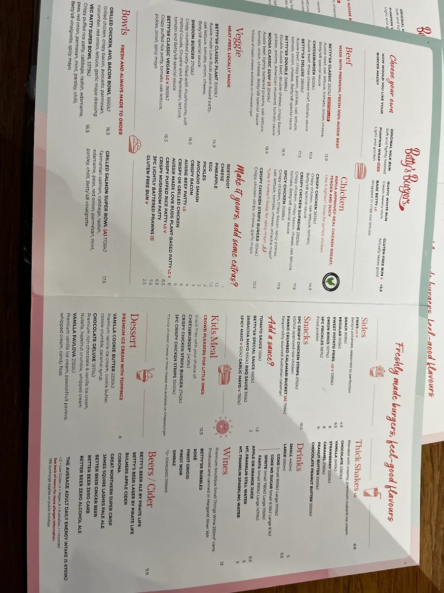 Menu, Betty's Burgers