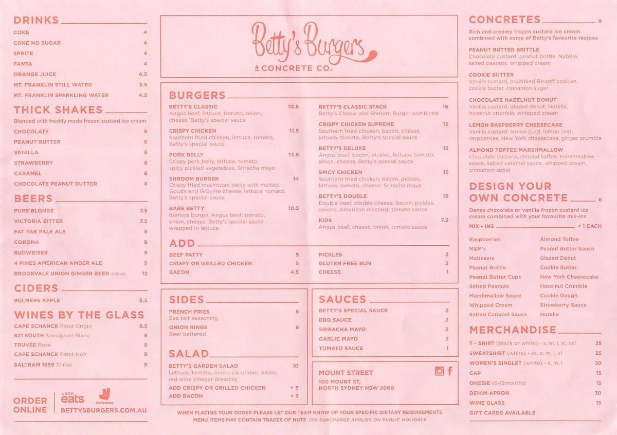 Menu, Betty's Burgers