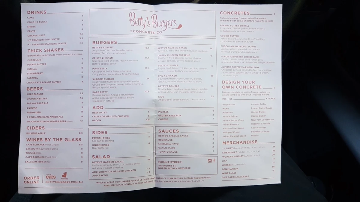 Menu, Betty's Burgers