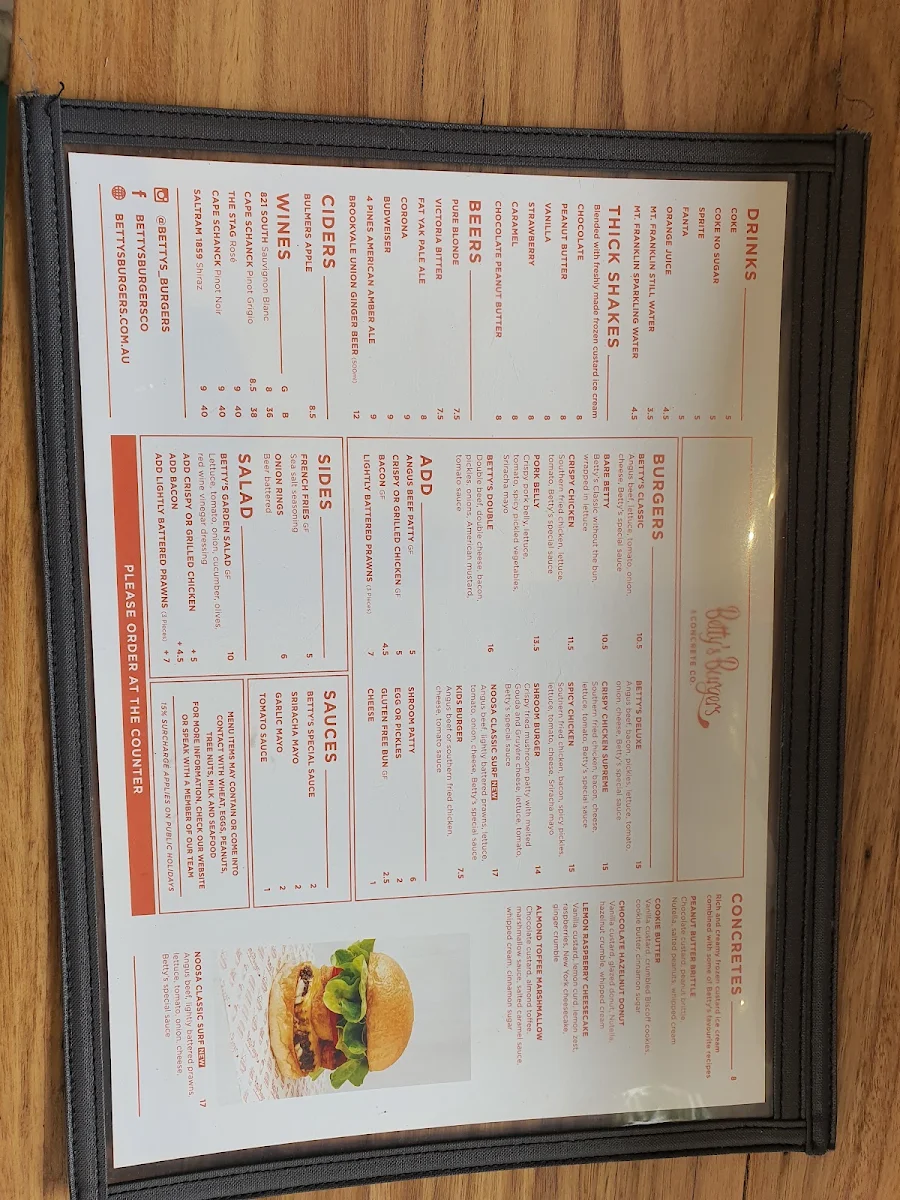 Menu, Betty's Burgers