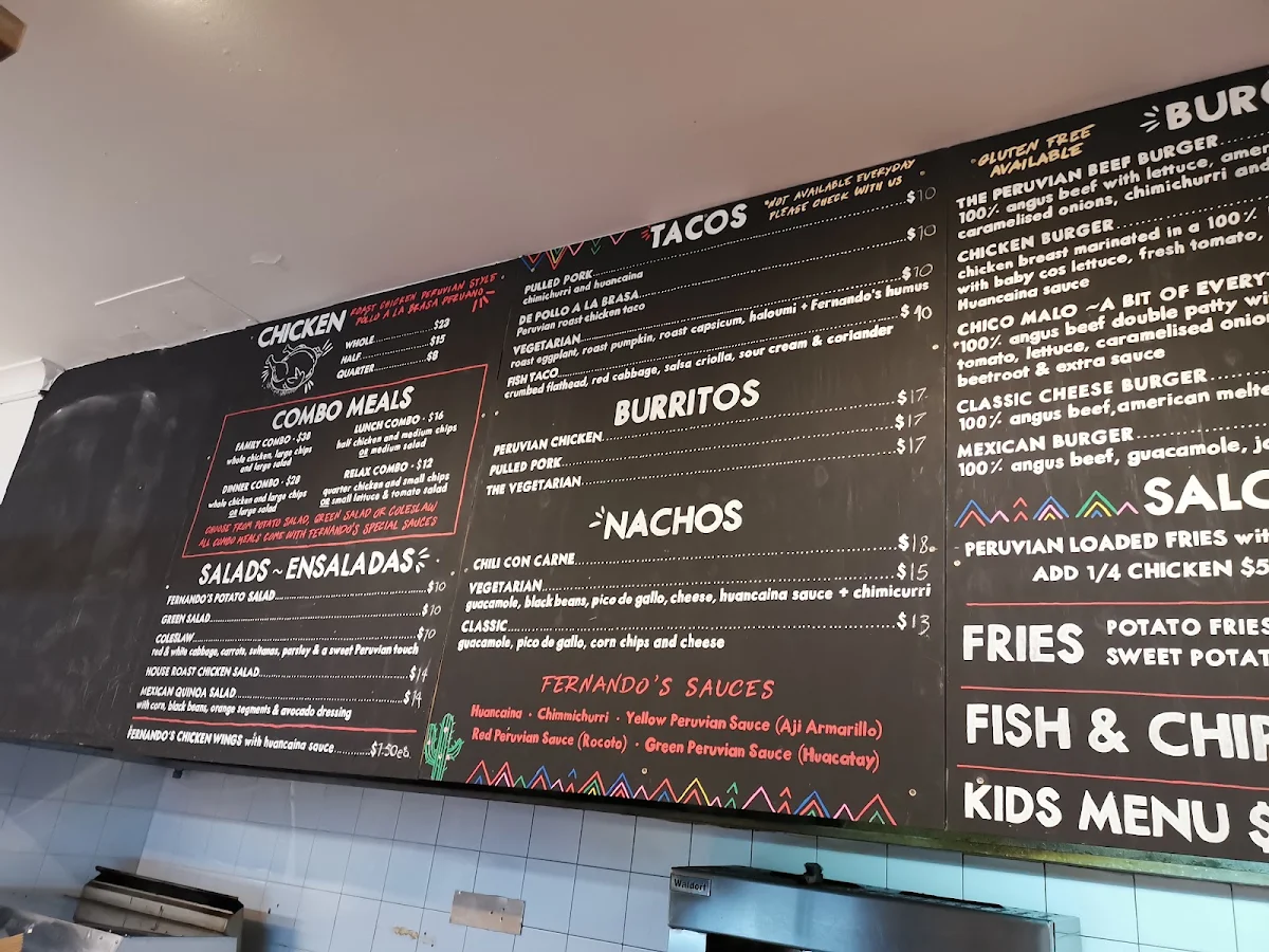Menu, Fernando’s Peruvian Rotisserie