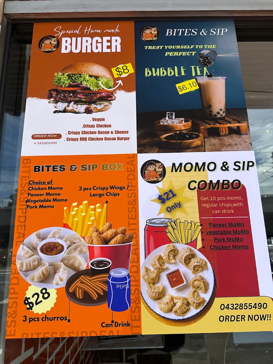 Menu, Bites & Sip- Fish & Chips and Boba Drinks