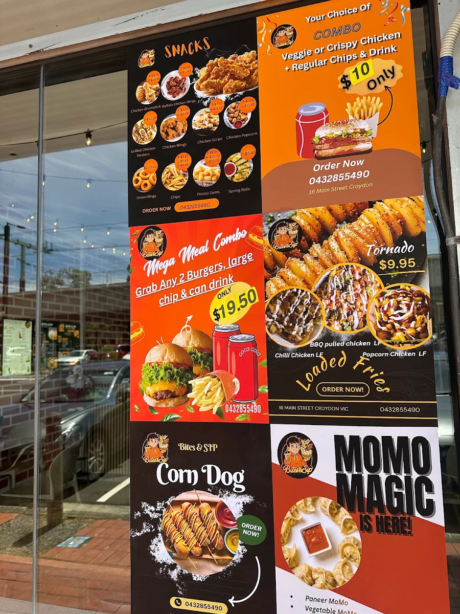 Menu, Bites & Sip- Fish & Chips and Boba Drinks