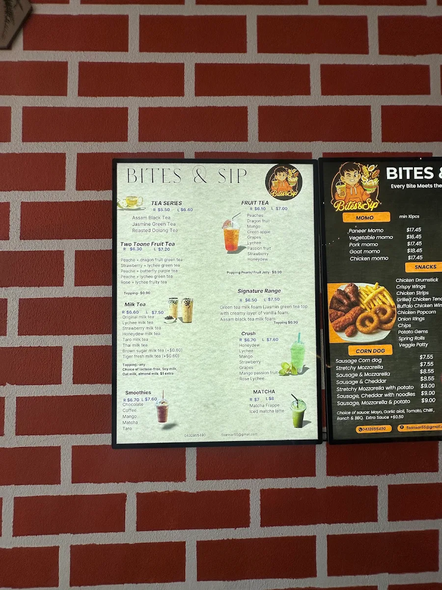 Menu, Bites & Sip- Fish & Chips and Boba Drinks