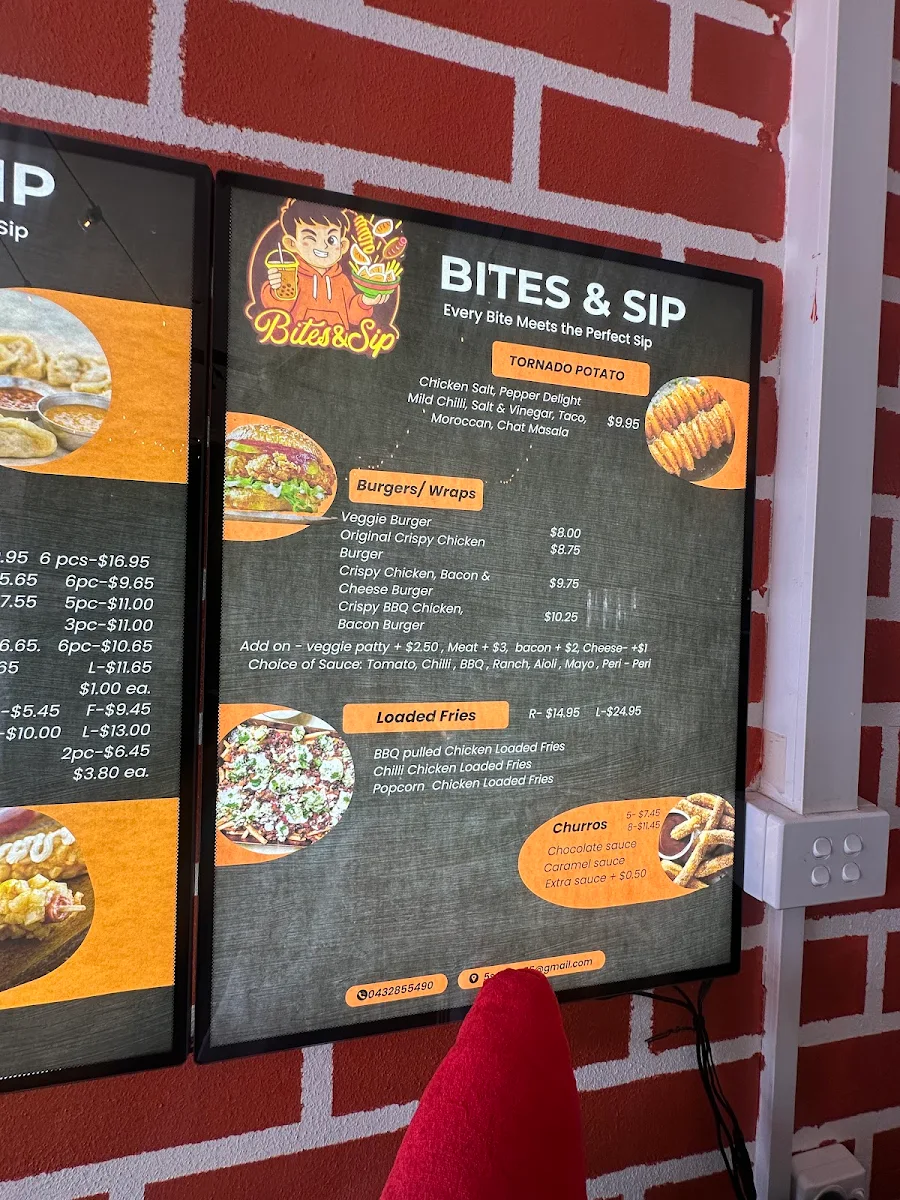 Menu, Bites & Sip- Fish & Chips and Boba Drinks