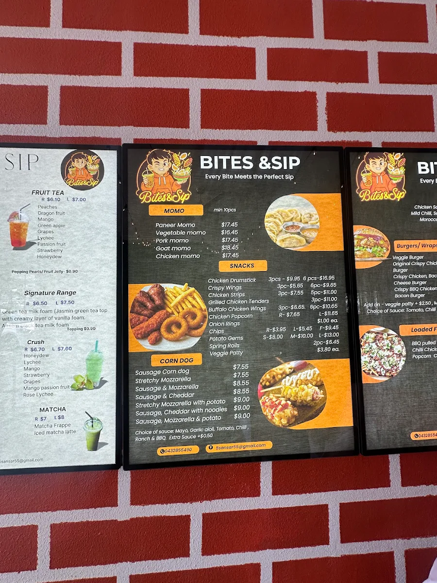 Menu, Bites & Sip- Fish & Chips and Boba Drinks