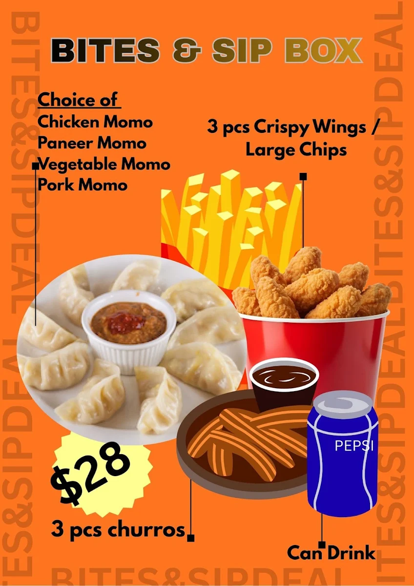 Menu, Bites & Sip- Fish & Chips and Boba Drinks