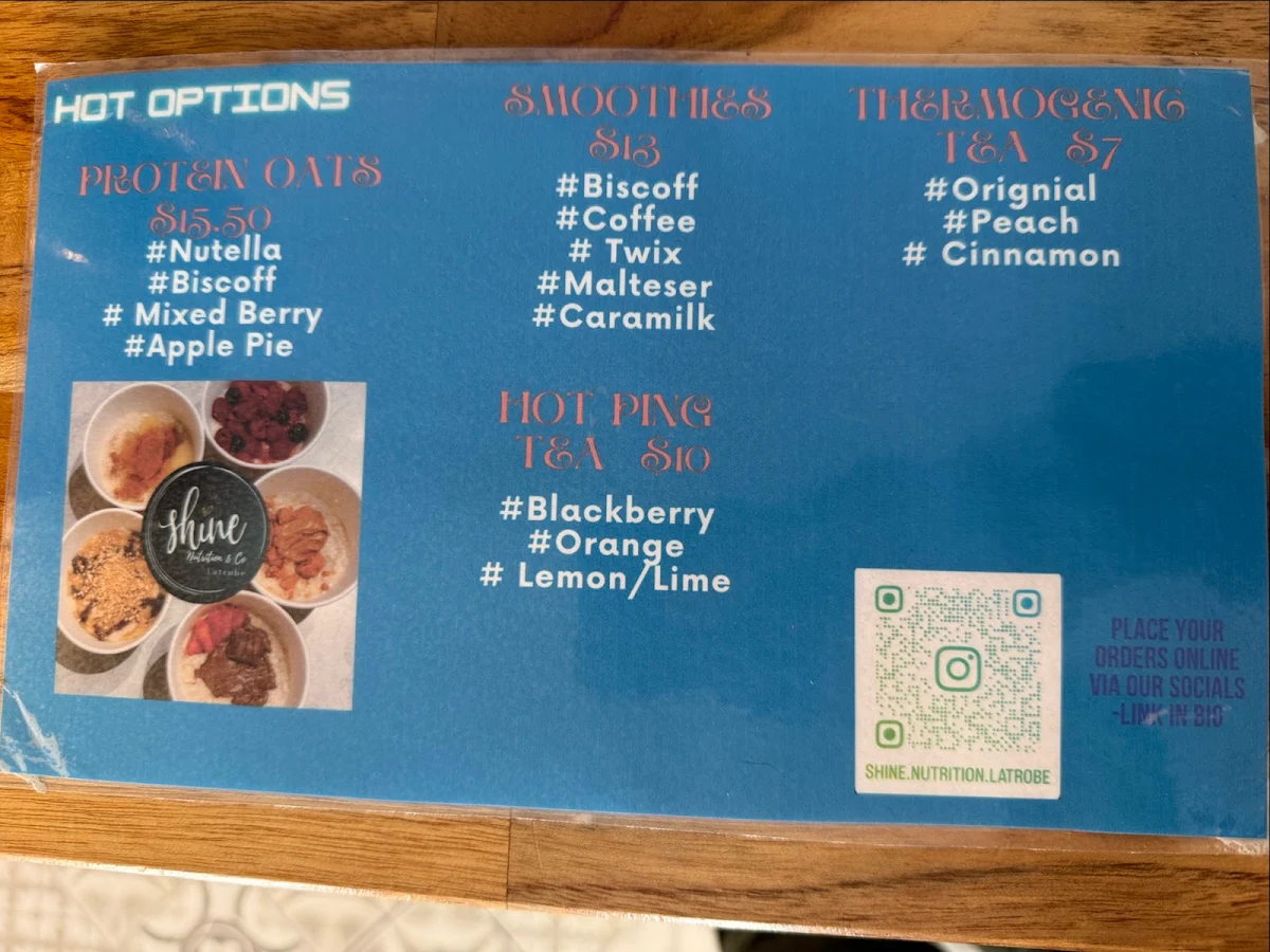 Menu, Shine nutrition & Co