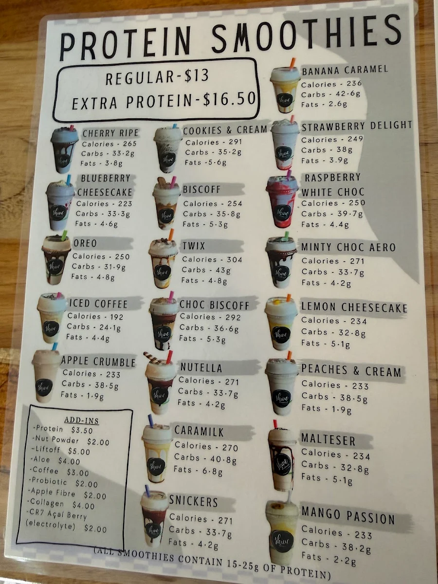 Menu, Shine nutrition & Co