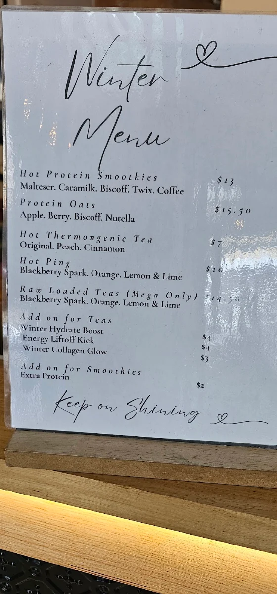 Menu, Shine nutrition & Co