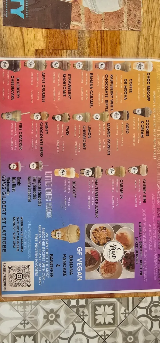 Menu, Shine nutrition & Co